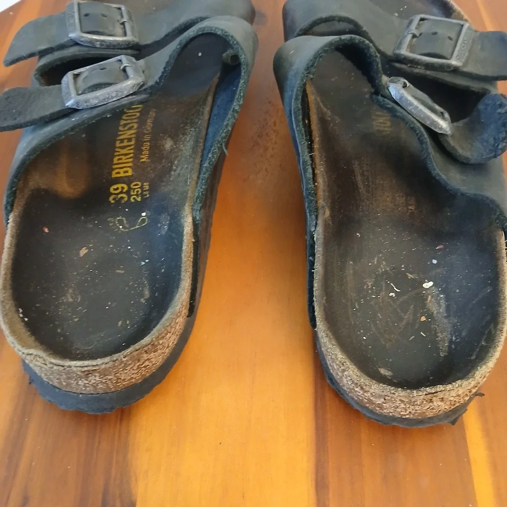 Birkenstock Arizona Sandals Mens 39 W8 M6 Black Leather‎ Double Strap Slides